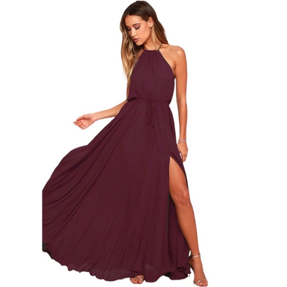 Elegant Burgundy Halter Maxi Dress